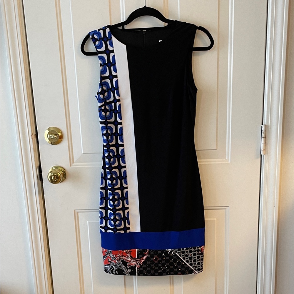 Joseph Ribkoff Black, Blue & White Geometric Midi Dress